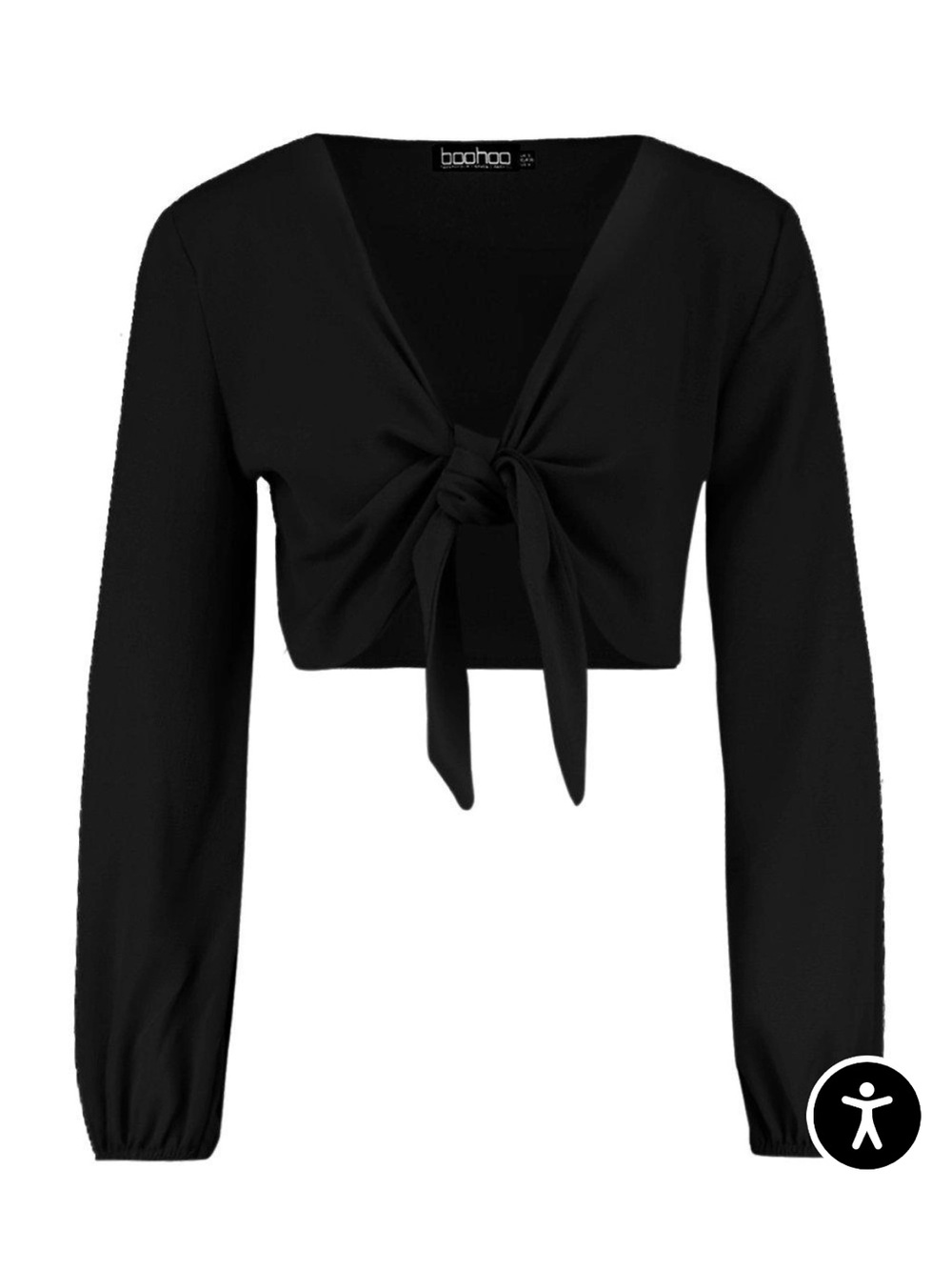 Boohoo Black Tie-Front Long Balloon Sleeve Crop Top